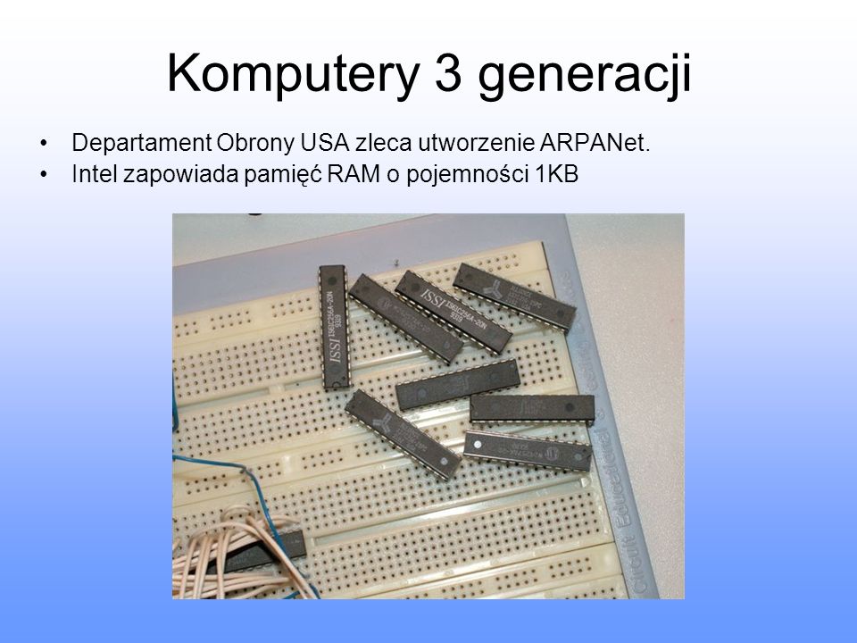 Komputery 3 generacji Departament Obrony USA zleca utworzenie ARPANet.