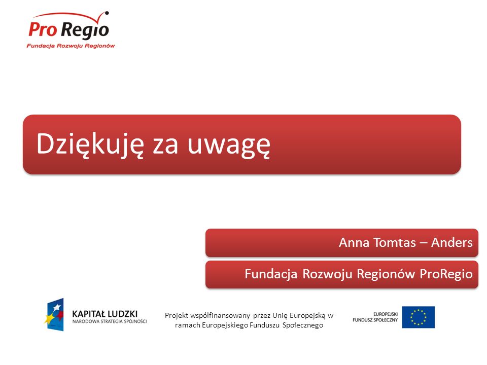 Dziękuję za uwagę Anna Tomtas – Anders. Fundacja Rozwoju Regionów ProRegio.