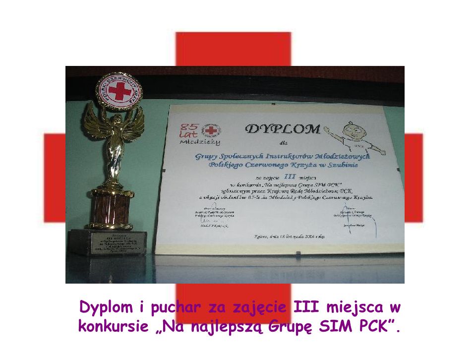 Dyplom i puchar za zajęcie III miejsca w konkursie „Na najlepszą Grupę SIM PCK .