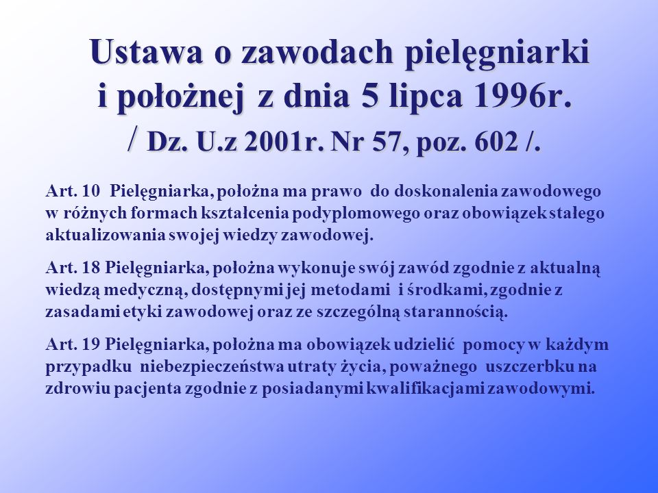 Ustawa o zawodach pielęgniarki i położnej z dnia 5 lipca 1996r. / Dz. U.z 2001r. Nr 57, poz. 602 /.
