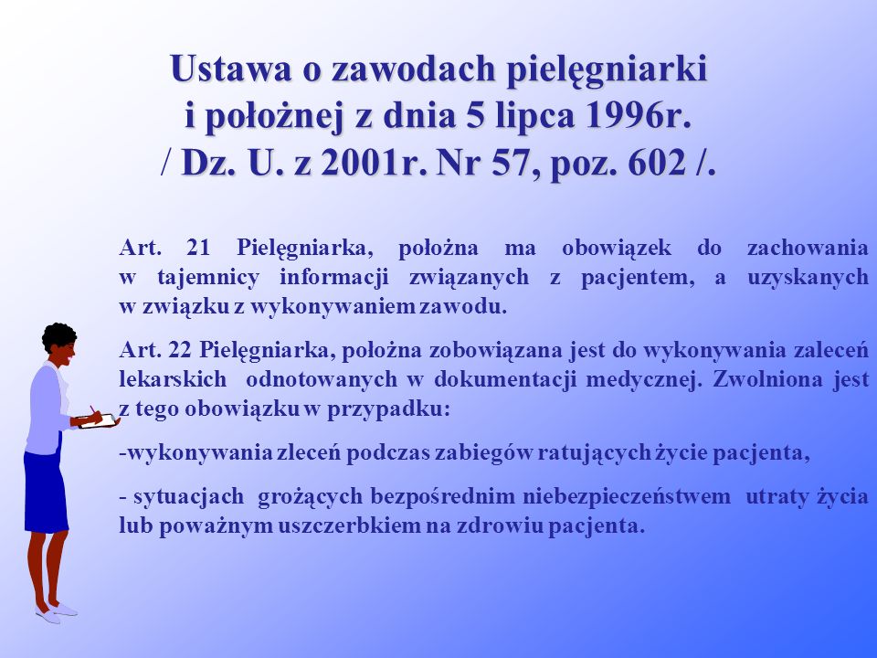 Ustawa o zawodach pielęgniarki i położnej z dnia 5 lipca 1996r. / Dz. U. z 2001r. Nr 57, poz. 602 /.