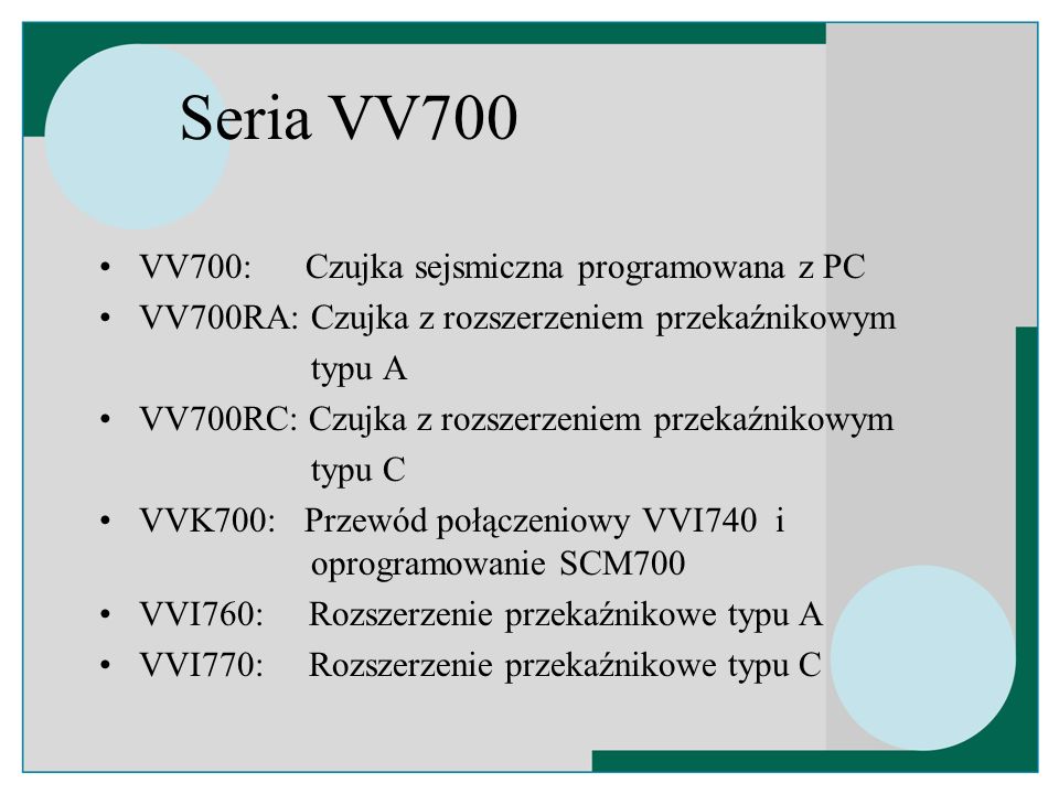Seria VV700 VV700: Czujka sejsmiczna programowana z PC