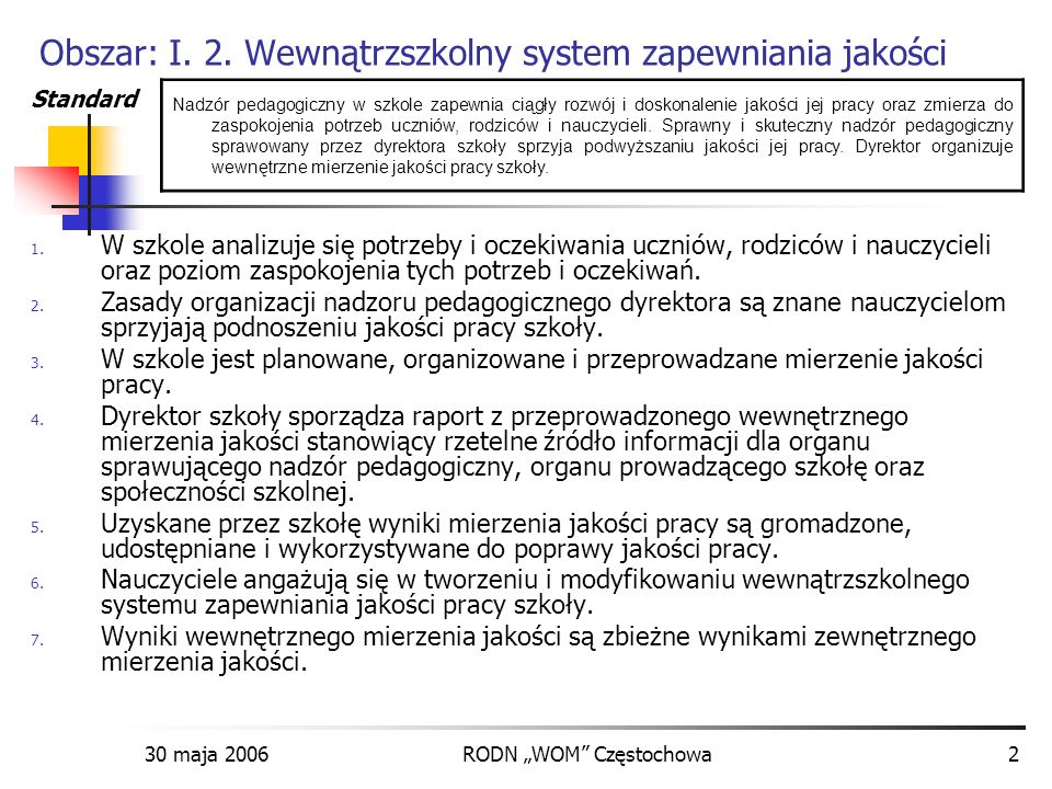 Obszar: I. 2. Wewnątrzszkolny system zapewniania jakości