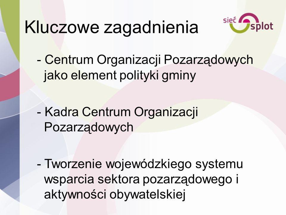 Kluczowe zagadnienia - Centrum Organizacji Pozarządowych jako element polityki gminy. - Kadra Centrum Organizacji Pozarządowych.