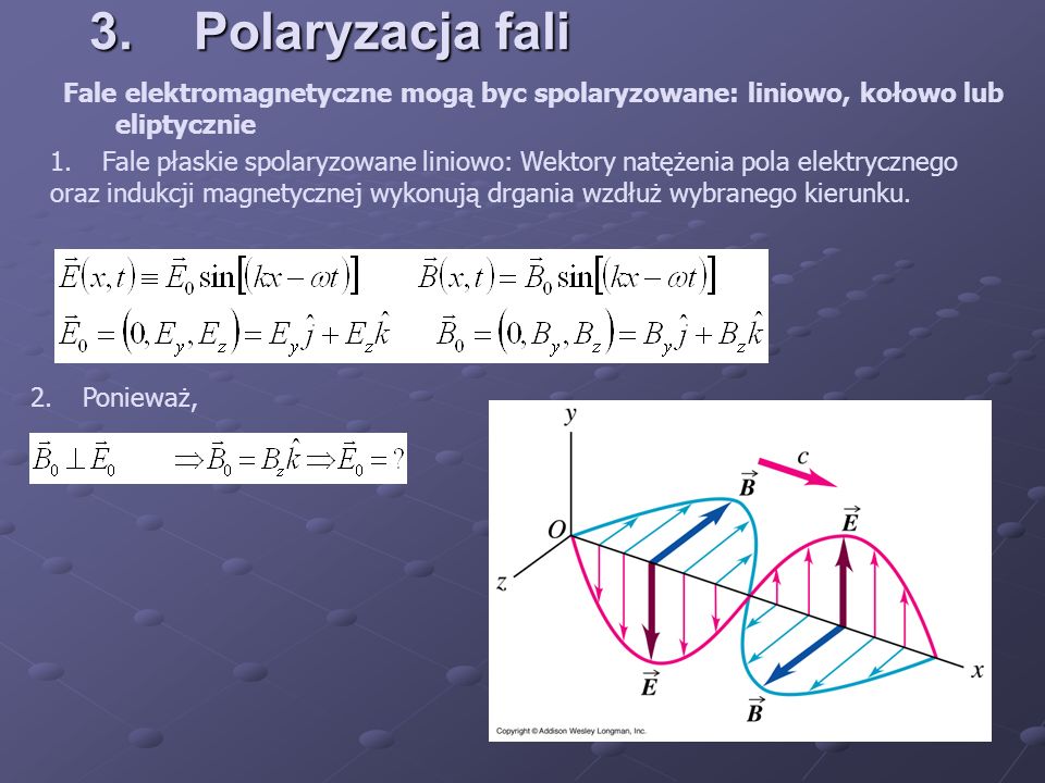 3. Polaryzacja fali Fale elektromagnetyczne mogą byc spolaryzowane: liniowo, kołowo lub eliptycznie.
