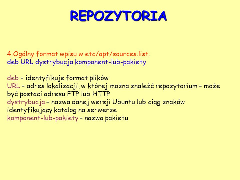 REPOZYTORIA 4.Ogólny format wpisu w etc/apt/sources.list.