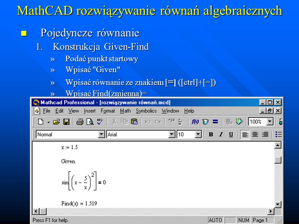 MathCAD rozwiązywanie równań algebraicznych