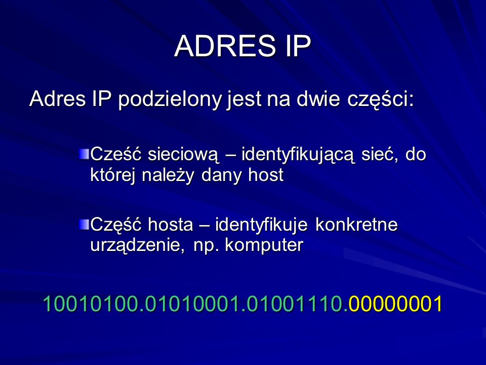 ADRES IP Adres IP podzielony jest na dwie części: