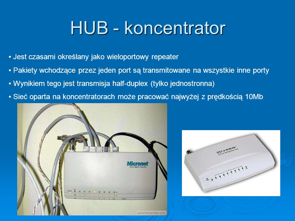 HUB - koncentrator Jest czasami określany jako wieloportowy repeater