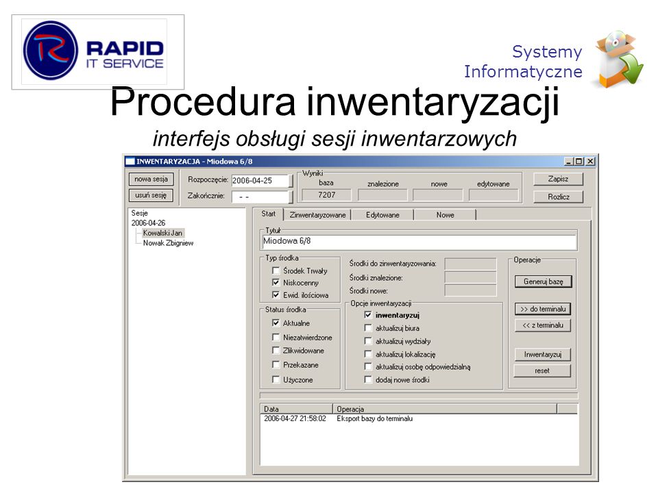 Procedura inwentaryzacji interfejs obsługi sesji inwentarzowych