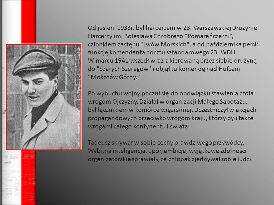 Od jesieni 1933r. był harcerzem w 23. Warszawskiej Drużynie Harcerzy im. Bolesława Chrobrego Pomarańczarni , członkiem zastępu Lwów Morskich , a od października pełnił funkcję komendanta pocztu sztandarowego 23. WDH.