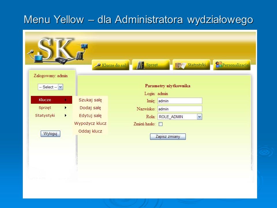 Menu Yellow – dla Administratora wydziałowego