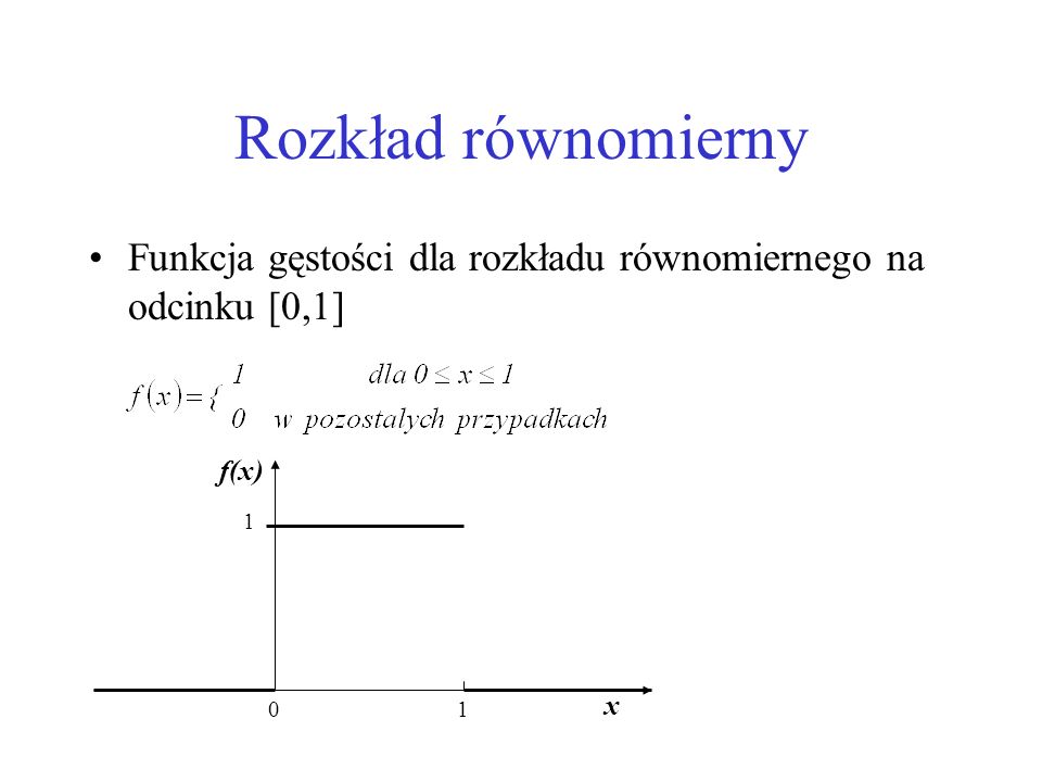 Rozkład równomierny Funkcja gęstości dla rozkładu równomiernego na odcinku [0,1] 1 x f(x)