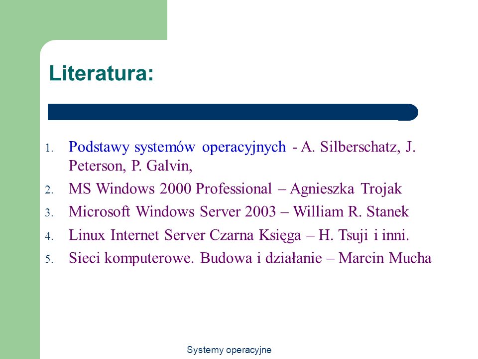 Literatura: Podstawy systemów operacyjnych - A. Silberschatz, J. Peterson, P. Galvin, MS Windows 2000 Professional – Agnieszka Trojak.