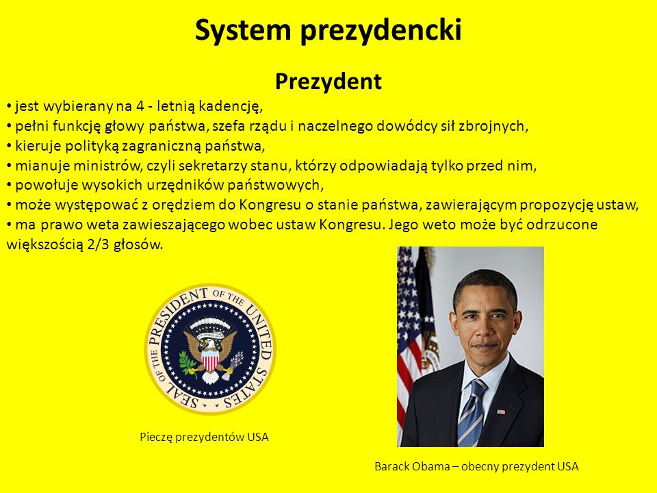 System prezydencki Prezydent jest wybierany na 4 - letnią kadencję,