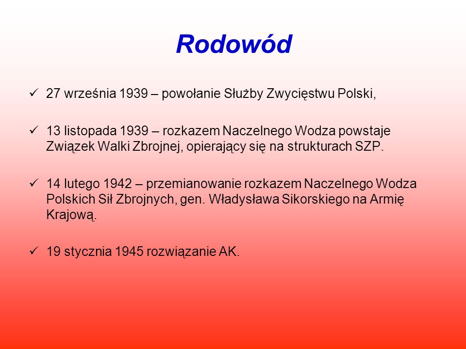 Rodowód 27 września 1939 – powołanie Służby Zwycięstwu Polski,
