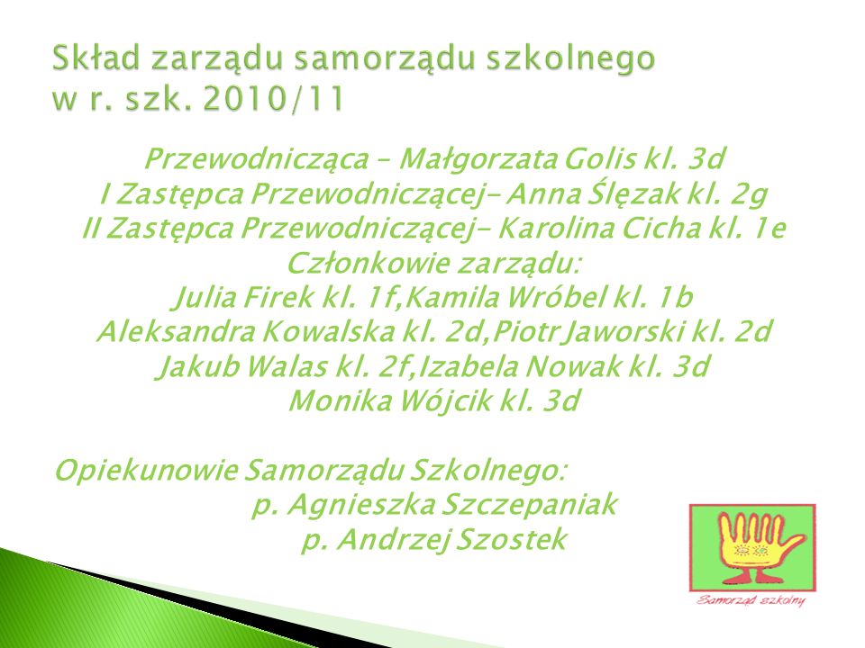 Skład zarządu samorządu szkolnego w r. szk. 2010/11