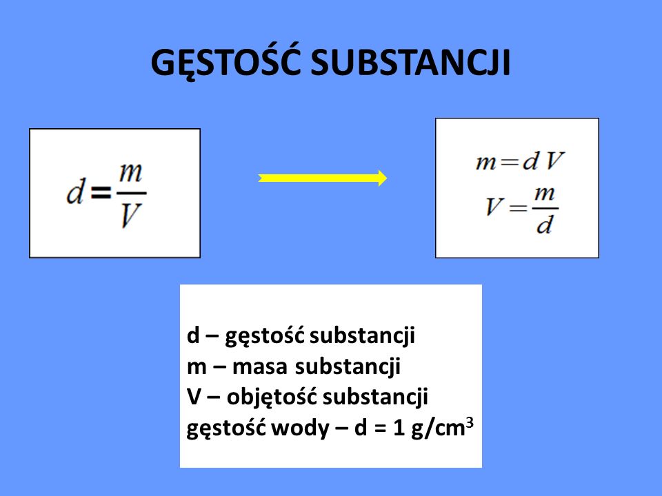GĘSTOŚĆ SUBSTANCJI d – gęstość substancji m – masa substancji