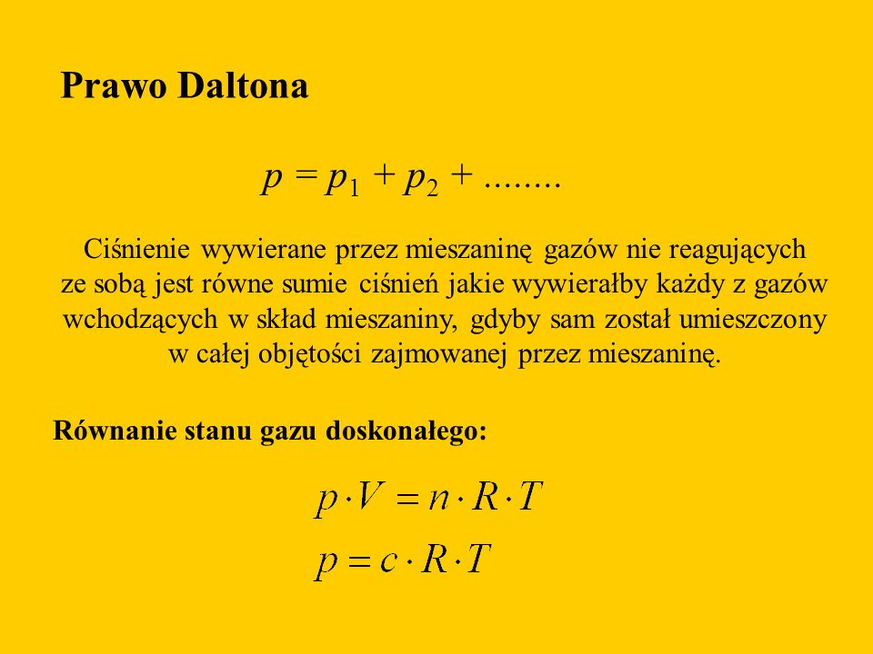 Prawo Daltona p = p1 + p Ciśnienie wywierane przez mieszaninę gazów nie reagujących.