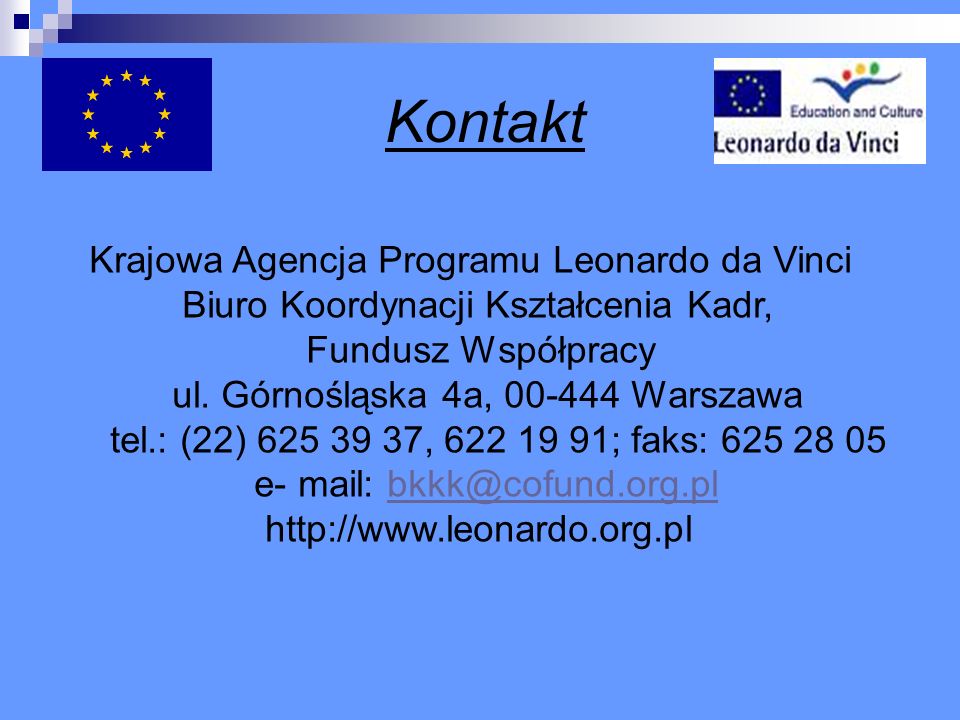 Kontakt Krajowa Agencja Programu Leonardo da Vinci