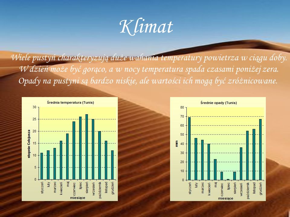 Klimat Wiele pustyń charakteryzują duże wahania temperatury powietrza w ciągu doby.