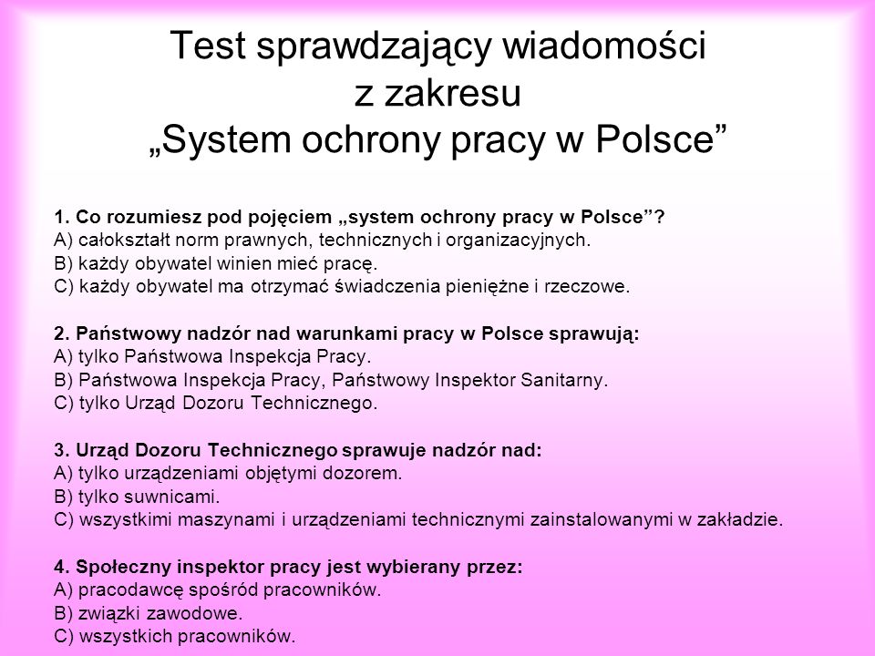 Test sprawdzający wiadomości z zakresu „System ochrony pracy w Polsce