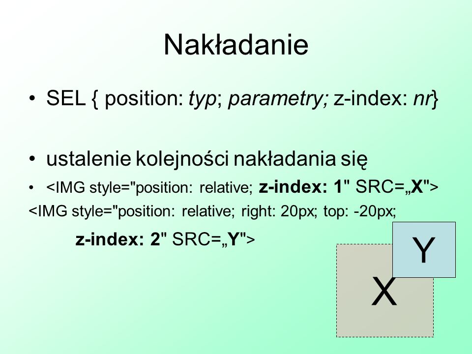 X Y Nakładanie SEL { position: typ; parametry; z-index: nr}