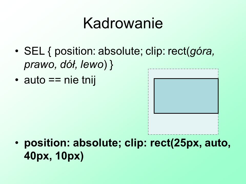 Kadrowanie SEL { position: absolute; clip: rect(góra, prawo, dół, lewo) } auto == nie tnij.