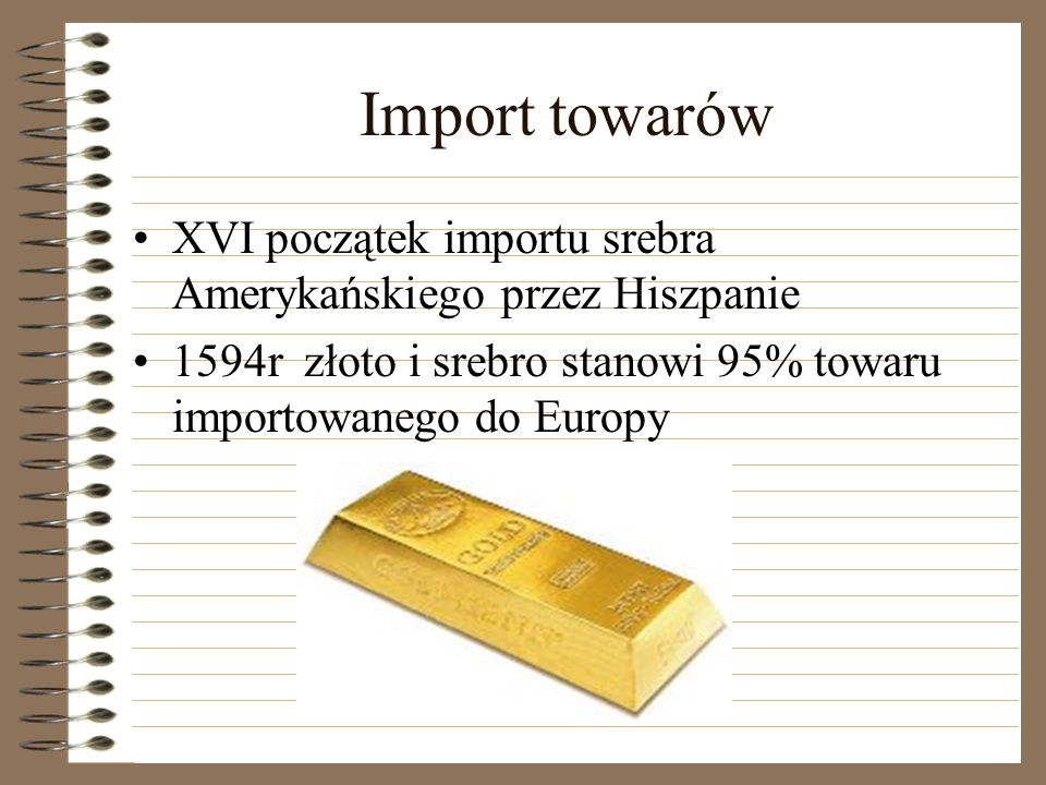 Import towarów XVI początek importu srebra Amerykańskiego przez Hiszpanie.
