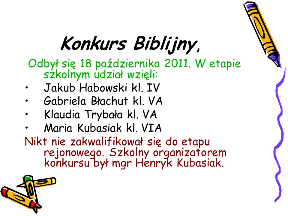 Konkurs Biblijny, Odbył się 18 października W etapie szkolnym udział wzięli: Jakub Habowski kl. IV.
