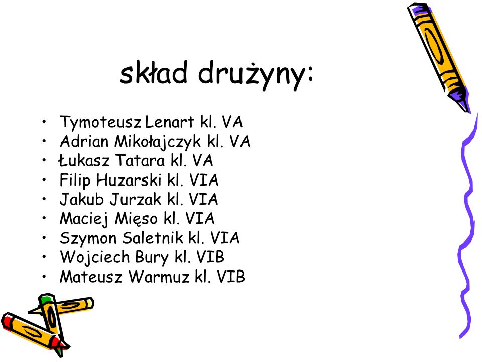 skład drużyny: Tymoteusz Lenart kl. VA Adrian Mikołajczyk kl. VA