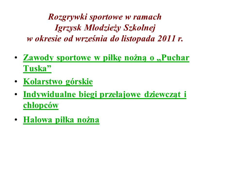 Rozgrywki sportowe w ramach Igrzysk Młodzieży Szkolnej w okresie od września do listopada 2011 r.