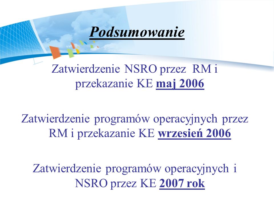 Podsumowanie Zatwierdzenie NSRO przez RM i przekazanie KE maj 2006
