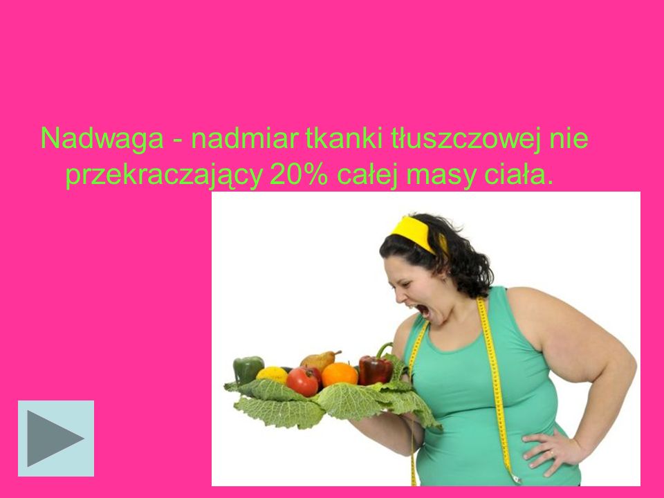Nadwaga - nadmiar tkanki tłuszczowej nie przekraczający 20% całej masy ciała.