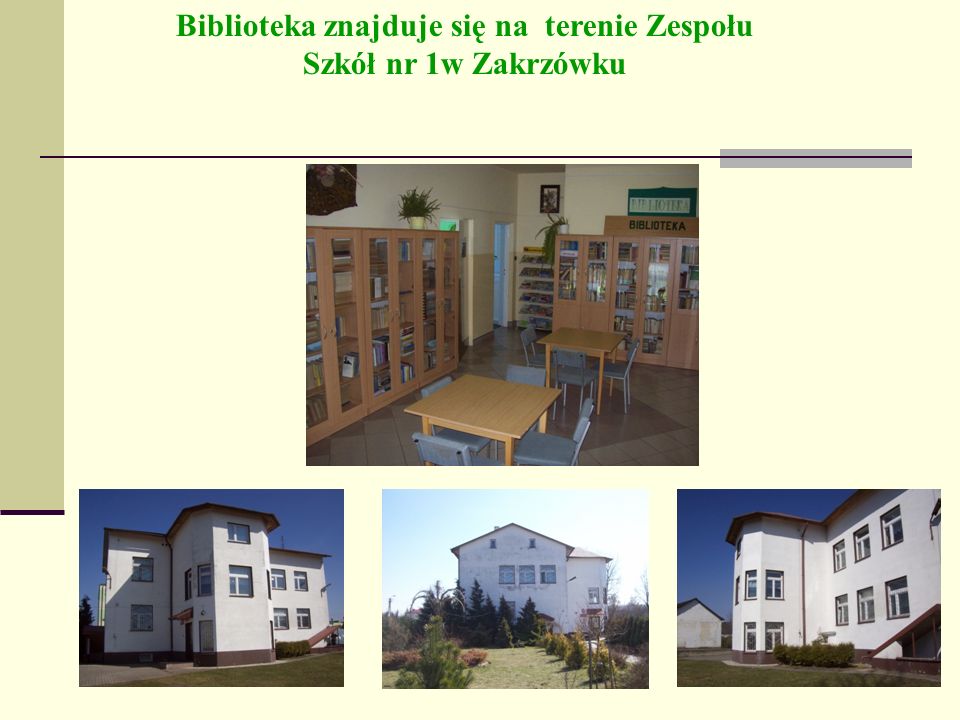 Biblioteka znajduje się na terenie Zespołu Szkół nr 1w Zakrzówku