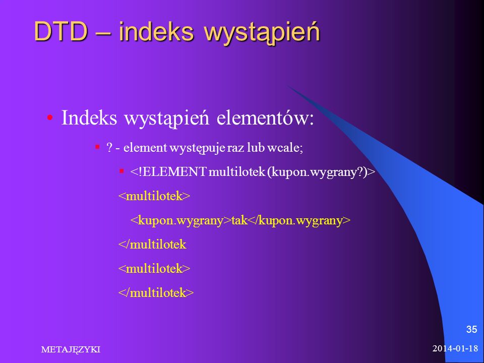 DTD – indeks wystąpień Indeks wystąpień elementów: