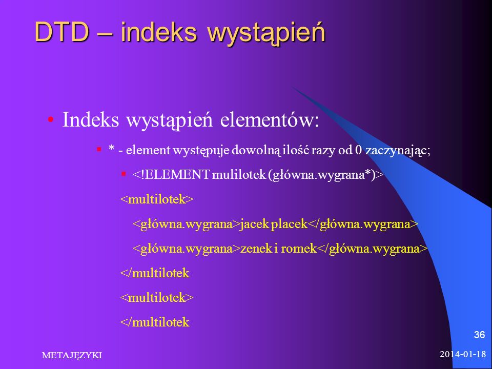 DTD – indeks wystąpień Indeks wystąpień elementów: