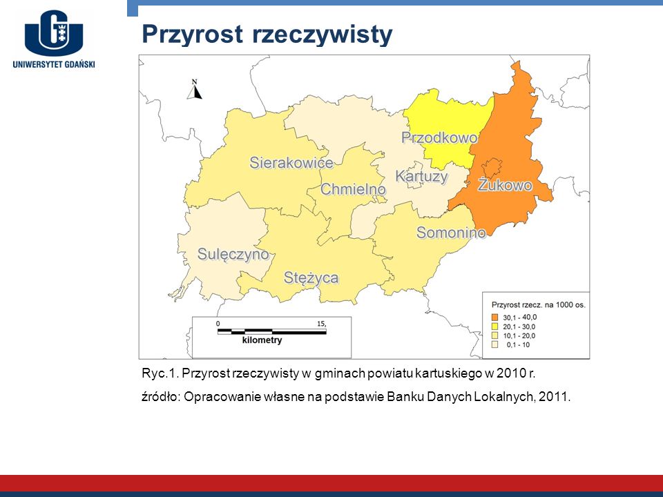 Przyrost rzeczywisty Ryc.1. Przyrost rzeczywisty w gminach powiatu kartuskiego w 2010 r.