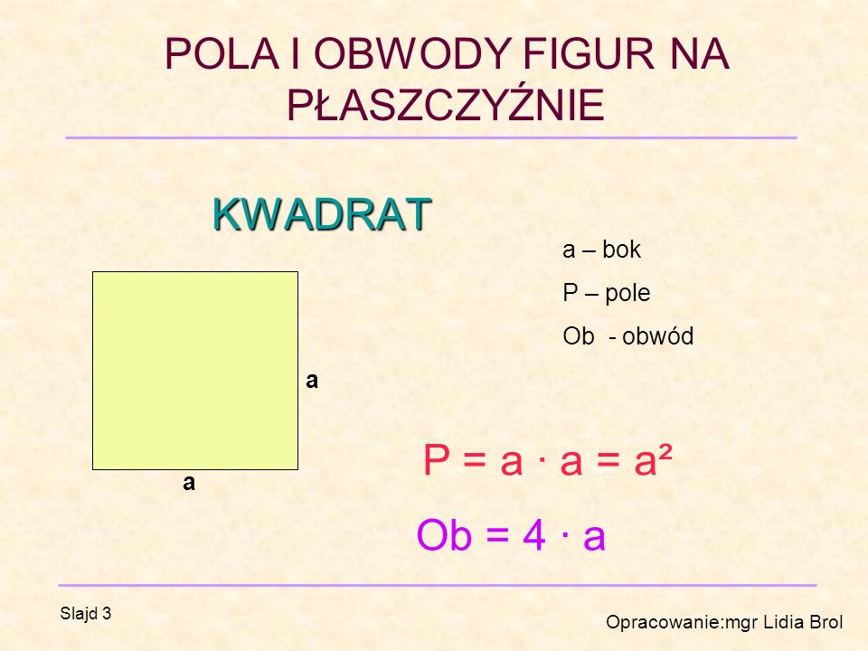 KWADRAT a – bok P – pole Ob - obwód a P = a · a = a² a Ob = 4 · a