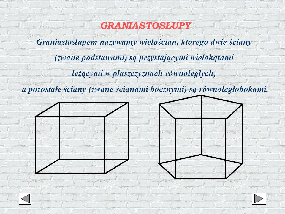 GRANIASTOSŁUPY Graniastosłupem nazywamy wielościan, którego dwie ściany. (zwane podstawami) są przystającymi wielokątami.