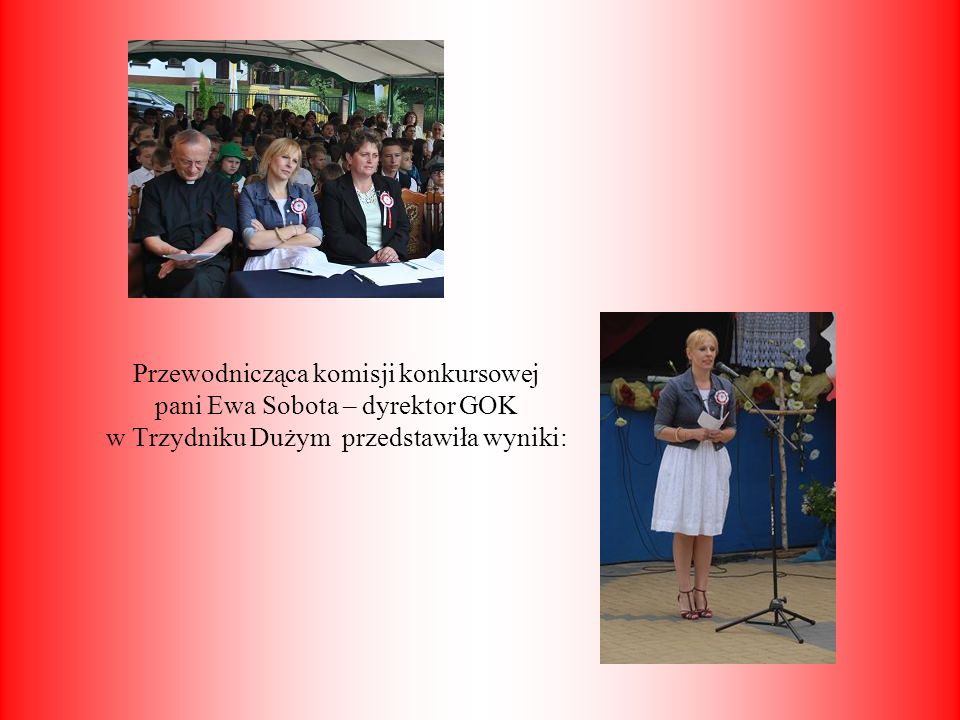 Przewodnicząca komisji konkursowej pani Ewa Sobota – dyrektor GOK w Trzydniku Dużym przedstawiła wyniki: