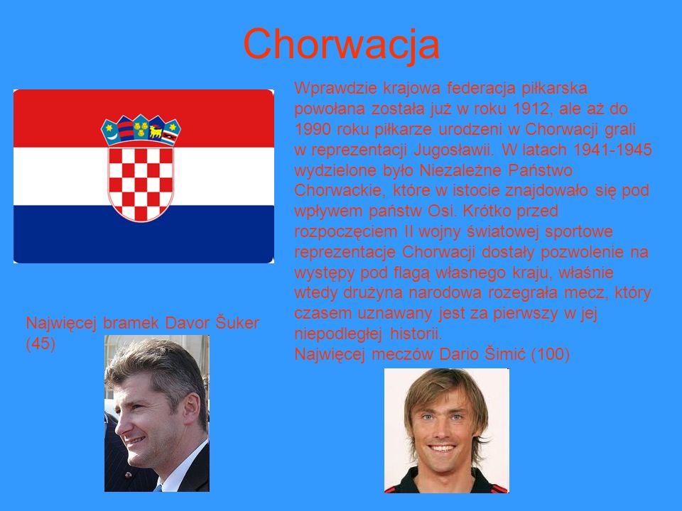 Chorwacja Wprawdzie krajowa federacja piłkarska powołana została już w roku 1912, ale aż do 1990 roku piłkarze urodzeni w Chorwacji grali.