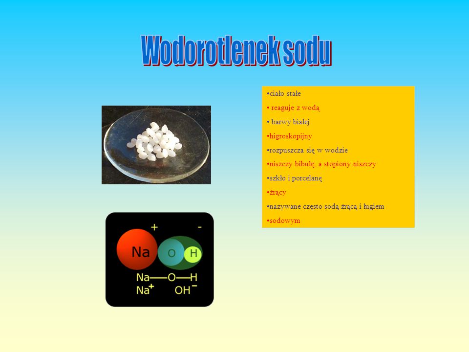 Wodorotlenek sodu ciało stałe reaguje z wodą barwy białej