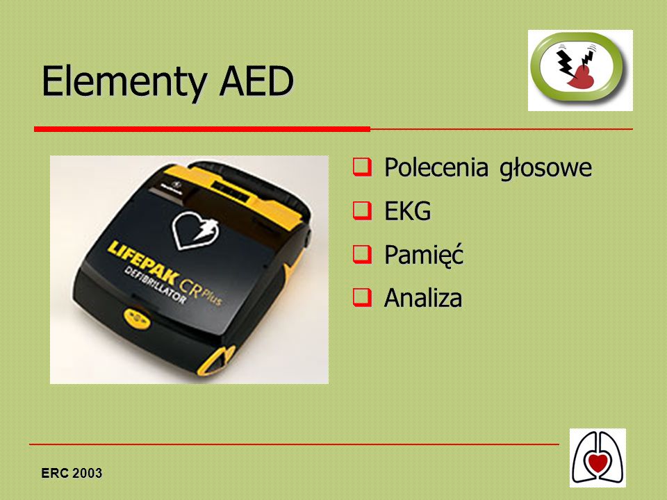 Elementy AED Polecenia głosowe EKG Pamięć Analiza ERC 2003