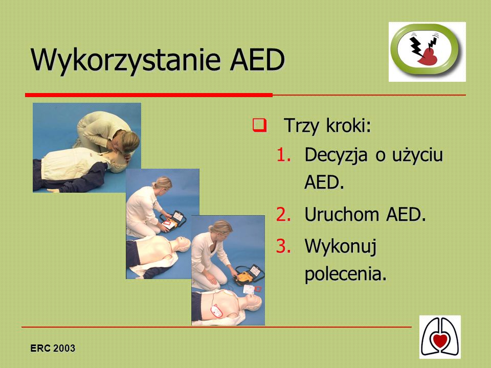 Wykorzystanie AED Trzy kroki: Decyzja o użyciu AED. Uruchom AED.