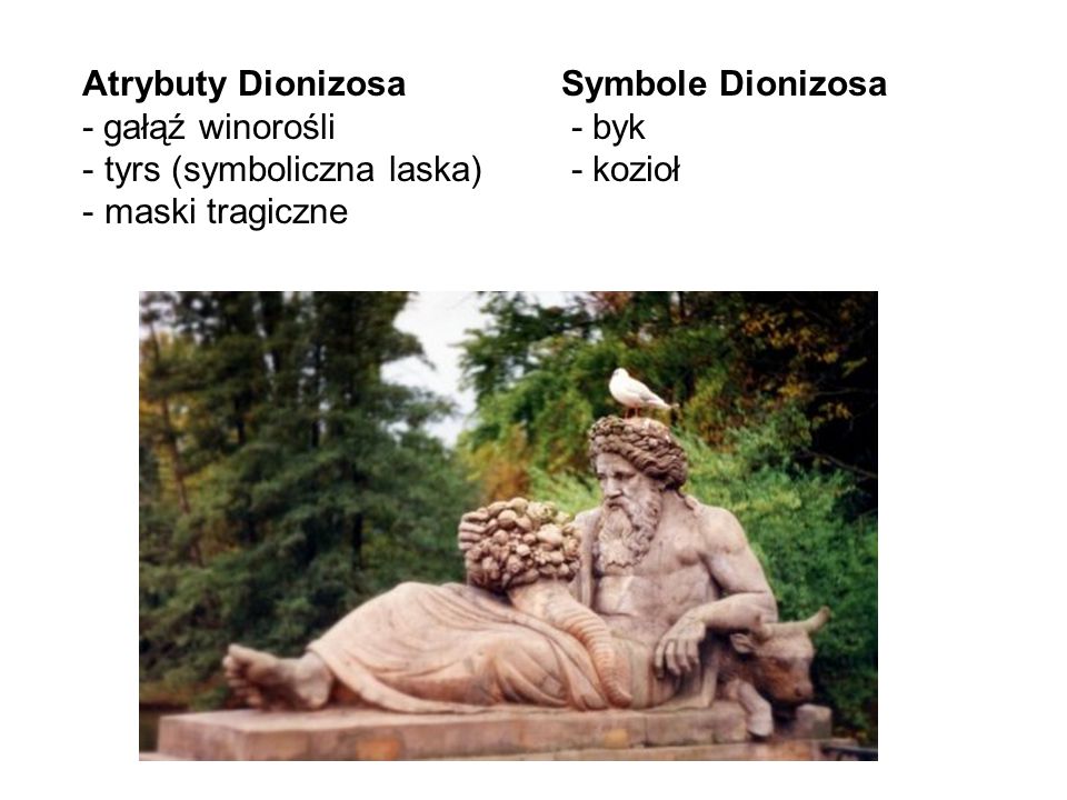 Atrybuty Dionizosa - gałąź winorośli. tyrs (symboliczna laska) maski tragiczne. Symbole Dionizosa.