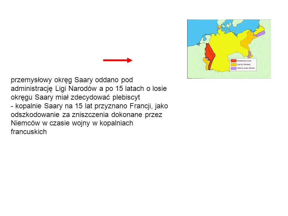 przemysłowy okręg Saary oddano pod administrację Ligi Narodów a po 15 latach o losie okręgu Saary miał zdecydować plebiscyt - kopalnie Saary na 15 lat przyznano Francji, jako odszkodowanie za zniszczenia dokonane przez Niemców w czasie wojny w kopalniach francuskich