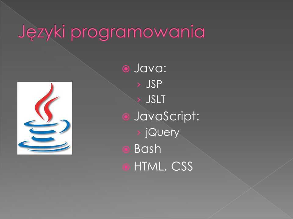 Języki programowania Java: JSP JSLT JavaScript: jQuery Bash HTML, CSS