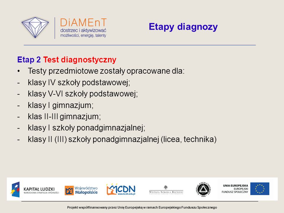 Etap 2 Test diagnostyczny Testy przedmiotowe zostały opracowane dla: