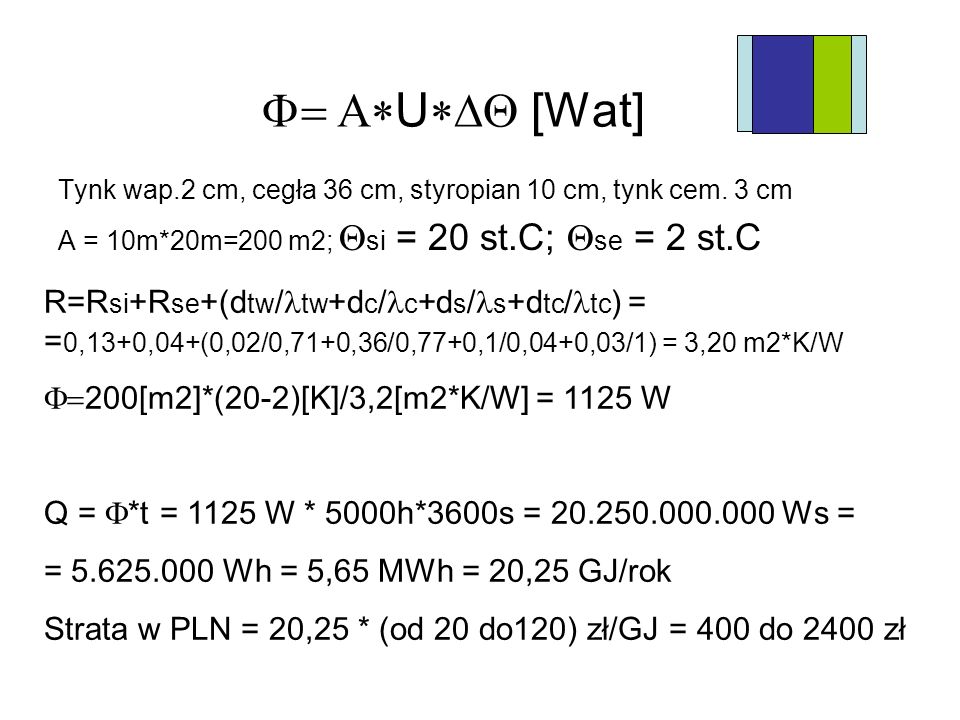 F= A*U*DQ [Wat] Tynk wap.2 cm, cegła 36 cm, styropian 10 cm, tynk cem. 3 cm. A = 10m*20m=200 m2; Qsi = 20 st.C; Qse = 2 st.C.